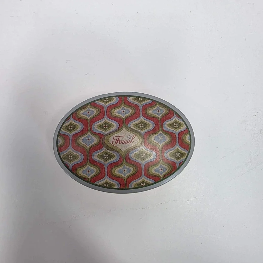 Fossil Tin Oval Collectible Container Red Geometric Pattern 2003